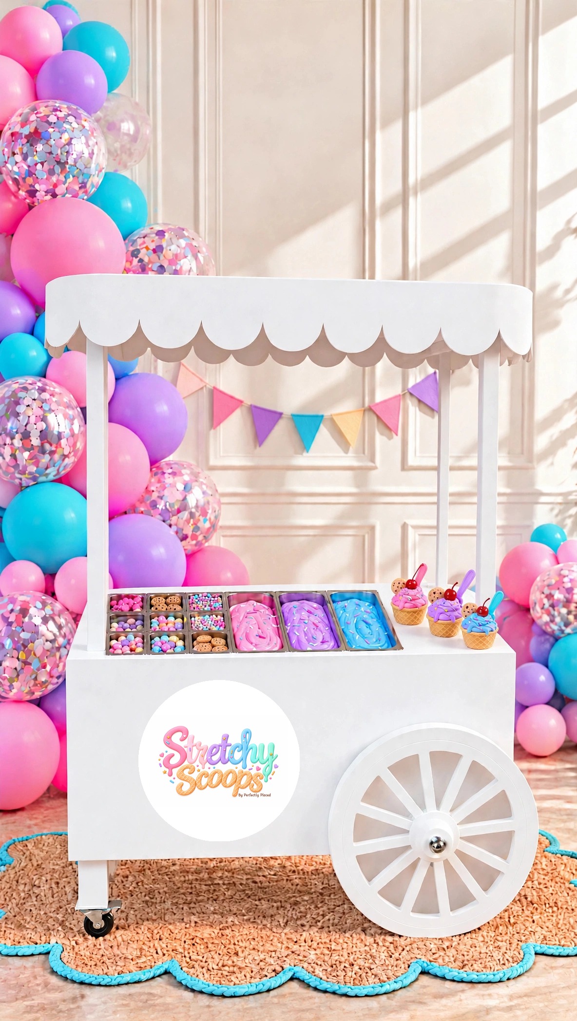 Photo of the white Stretchy Scoops slime cart with a scalloped canopy and the round Stretchy Scoops logo centered on the front of the cart, set up with tubs of pink, lilac and blue slime, a toppings bar, finished slime cones, and a pastel balloon garland in pink, lilac, blue and turquoise